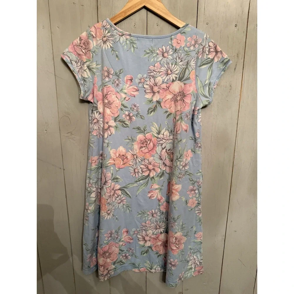 Miss Elaine Relax Pink Floral Short Lounge Gown, Pockets Size Small
